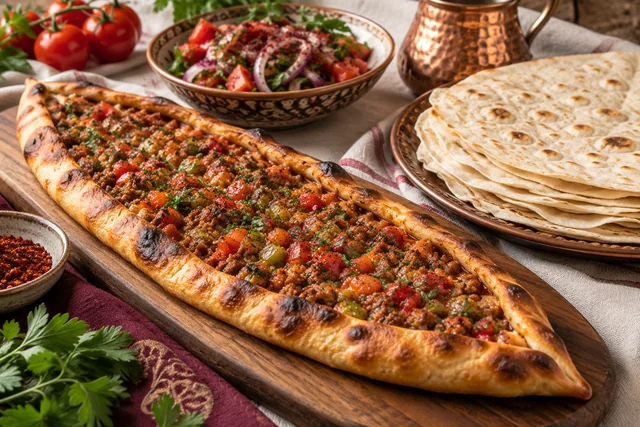 Boat-shaped pide topped with minced meat and vegetables beside a stack of thin yufka bread