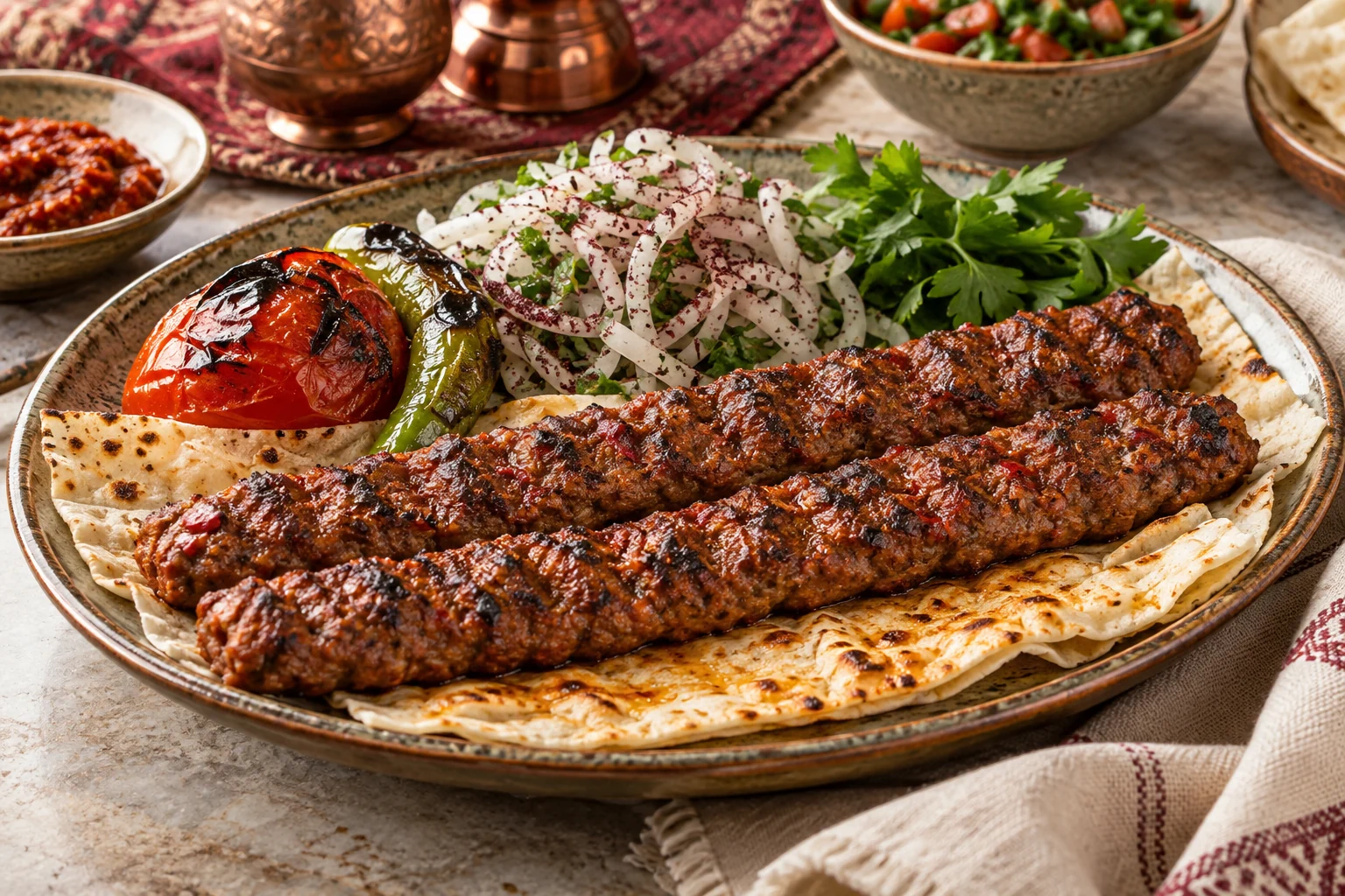 Adana-style minced lamb kebabs on lavash with grilled tomato, pepper and sumac onions