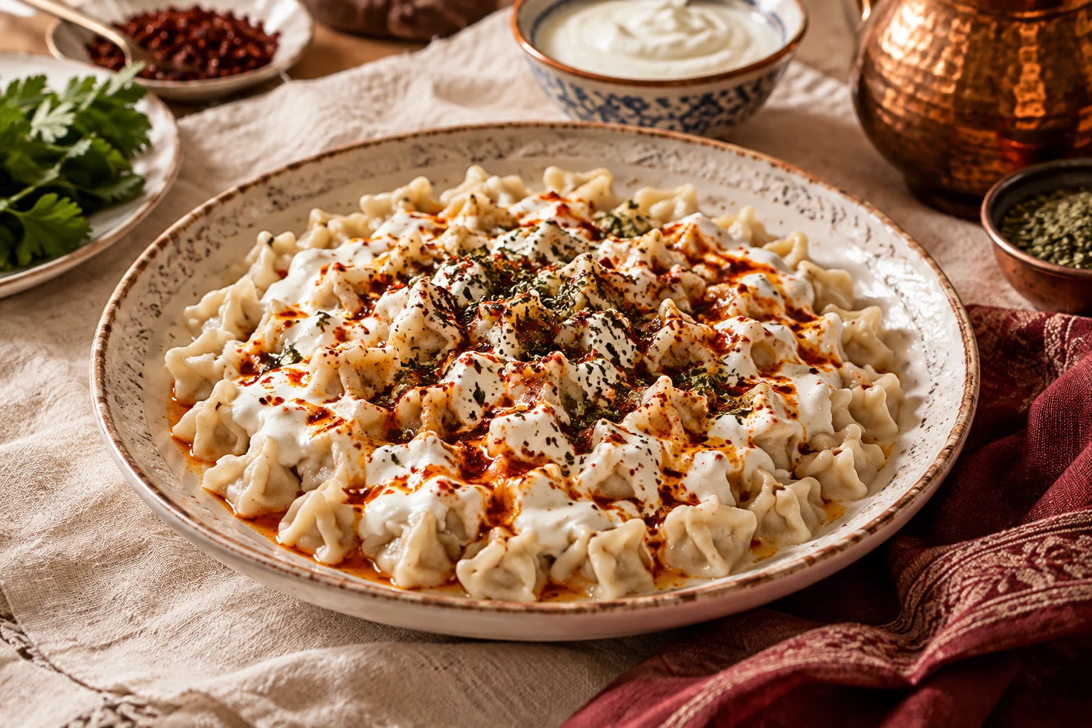 Tiny Turkish mantı dumplings topped with garlic yogurt, paprika butter and dried mint